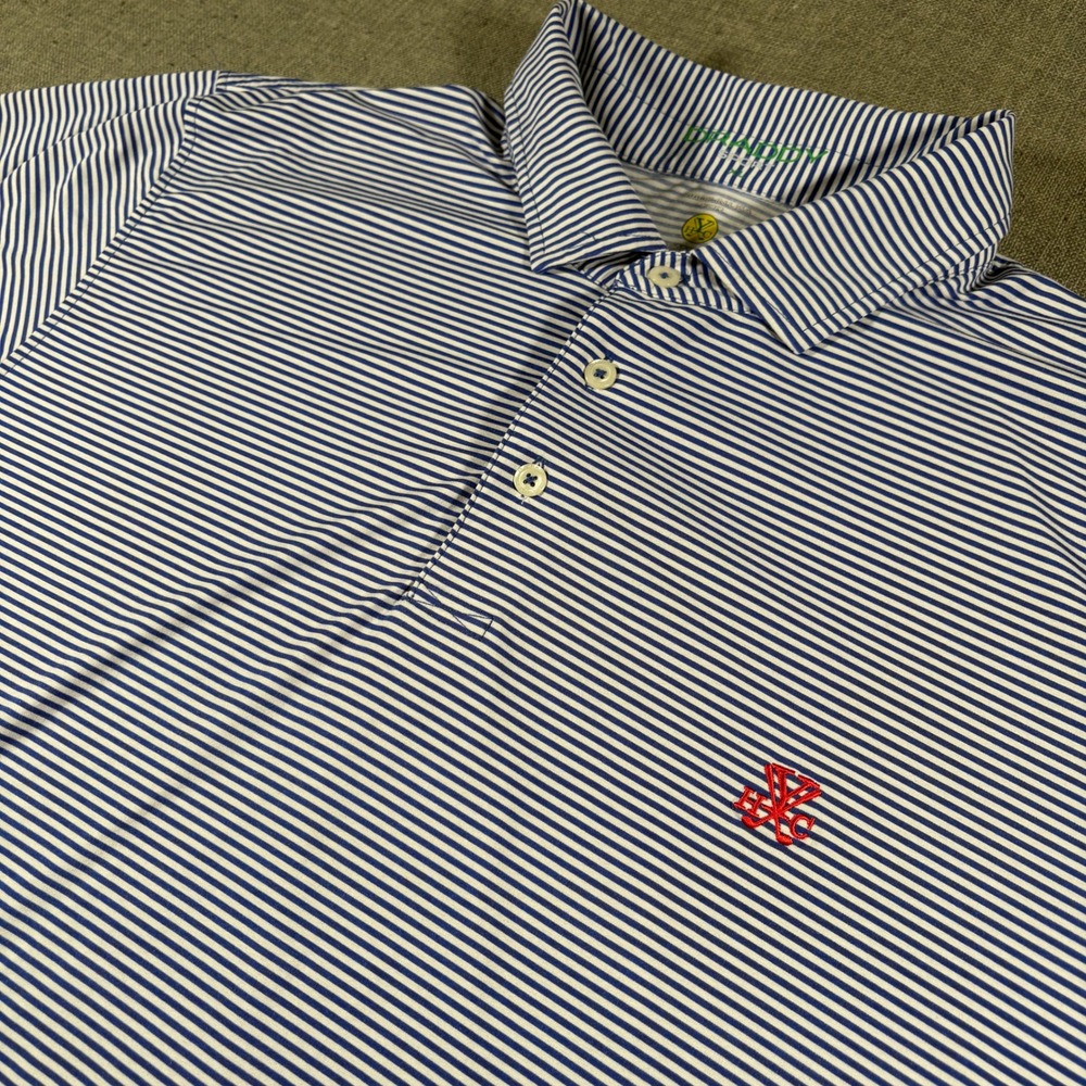 B. Draddy Sport Polo Shirt Mens XL Blue White Striped Yeamans Hall Club Golf